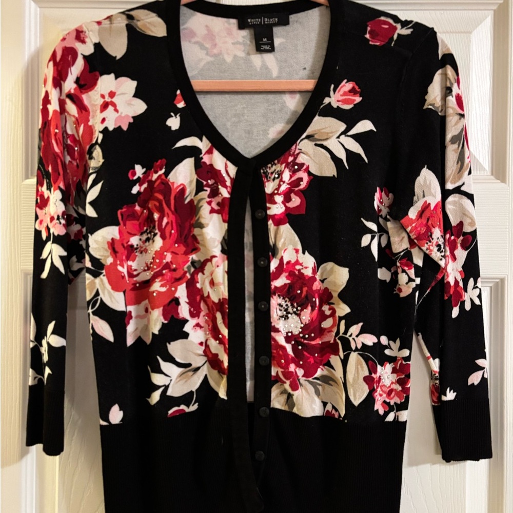 White House Black Market Floral Black Red and Cream Cardigan Size M